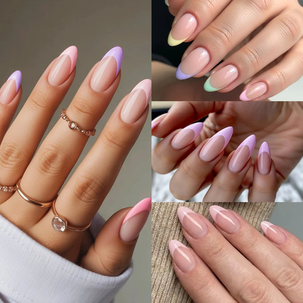 288Pcs Colorful Medium Almond French False Nails Red/Green/Pink/Purple Full Cover Fake Nails Tips Extension Women Press on Nails