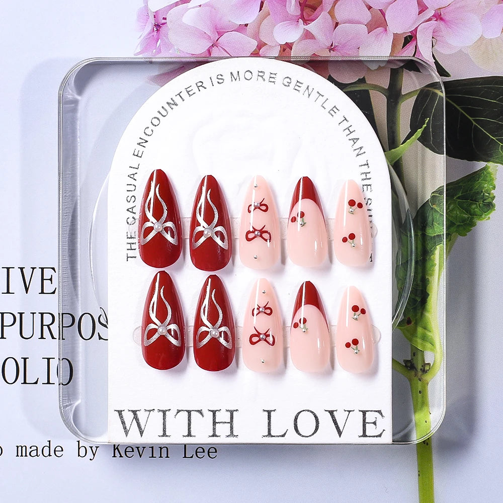 24Pcs Cute Cherry French Almond False Nails with Bow Design Acrylic Wearable Artificial Press on Nails Full Cover Fake Nail Tips