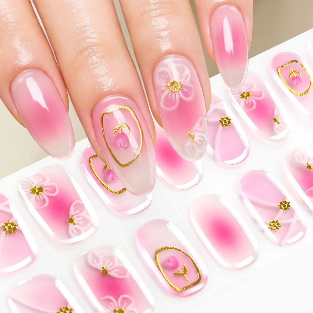 16Tips Gradient Semi Cured Gel Nail Strips Blush Flower Design Full Wrap Nail Decals French Gold Lines Gel Nail Polish Sticker