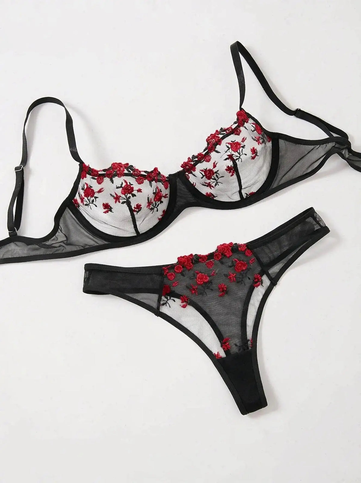 Black And Red Floral Embroidery Bra Set Women's Half Cup Underwear Thin Breathable Thong 2-Piece Set Valentine's Day Gift