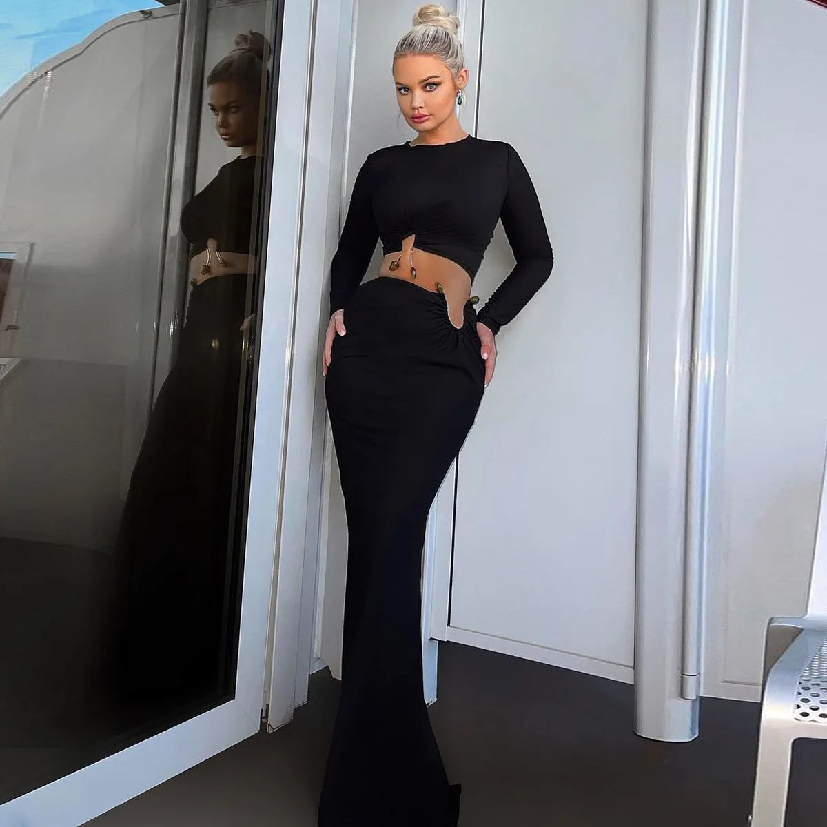 BKLD Women Clothing 2026 Autumn And Winter New Fashion Hollow Out Long Sleeve Crop Tops Slim Fit Skirt Set Two Piece Outfits