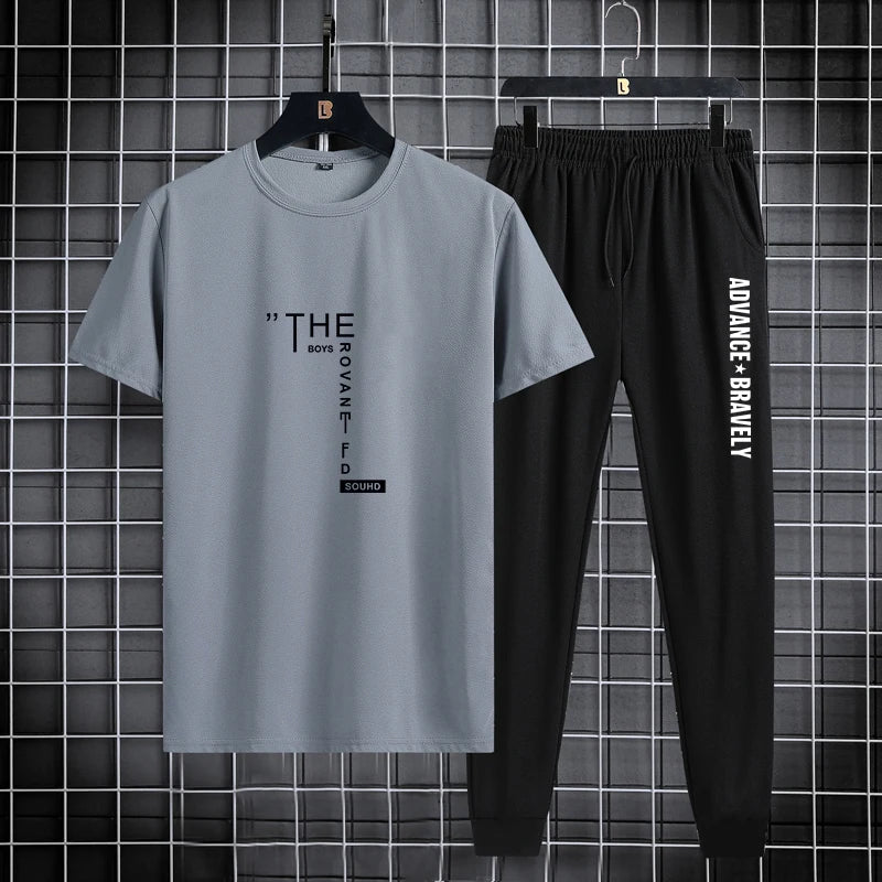 Trendy printed men's sports suit, summer casual T-shirt, leggings, two piece set, thin and breathable, solid color 2024 new prod