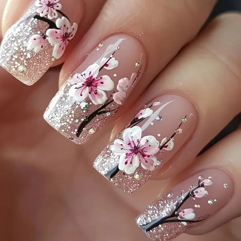 24pcs/set Medium long fake nails yellow dragon flowers feather design for Spring summer Square almond tips press on false nail