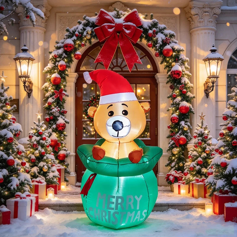 Cute Christmas Airblown Bear Statue, Inflatable Bear Gift Sack Ornament for Living Room, Xmas Party Indoor Display