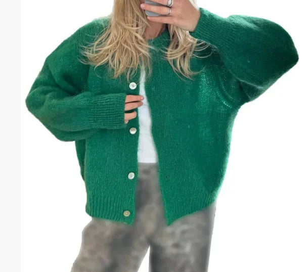 Women Mohair Knit Cardigan O Neck Elegant Lantern Long Sleeve Oversized Loose Fluffy Sweater Coat Autumn Winter Casual Knitwear