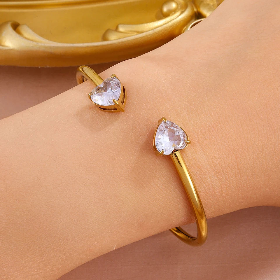 ZAKOL 4/1pcs Fashion Stainless Steel Sackable Bracelets Shiny Heart-shaped Zircon Embellished Bracelet Bangles Charm Jewelry Gif