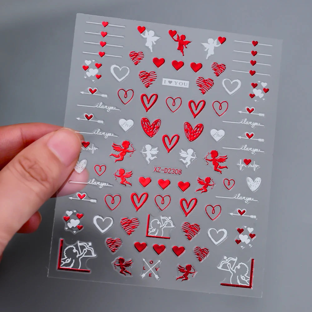 1Pc 3D Red Love Heart Nail Art Stickers Rose Flower Lip Self Adhesive Decals Valentine' Day Nail Sliders For Manicure Decoration