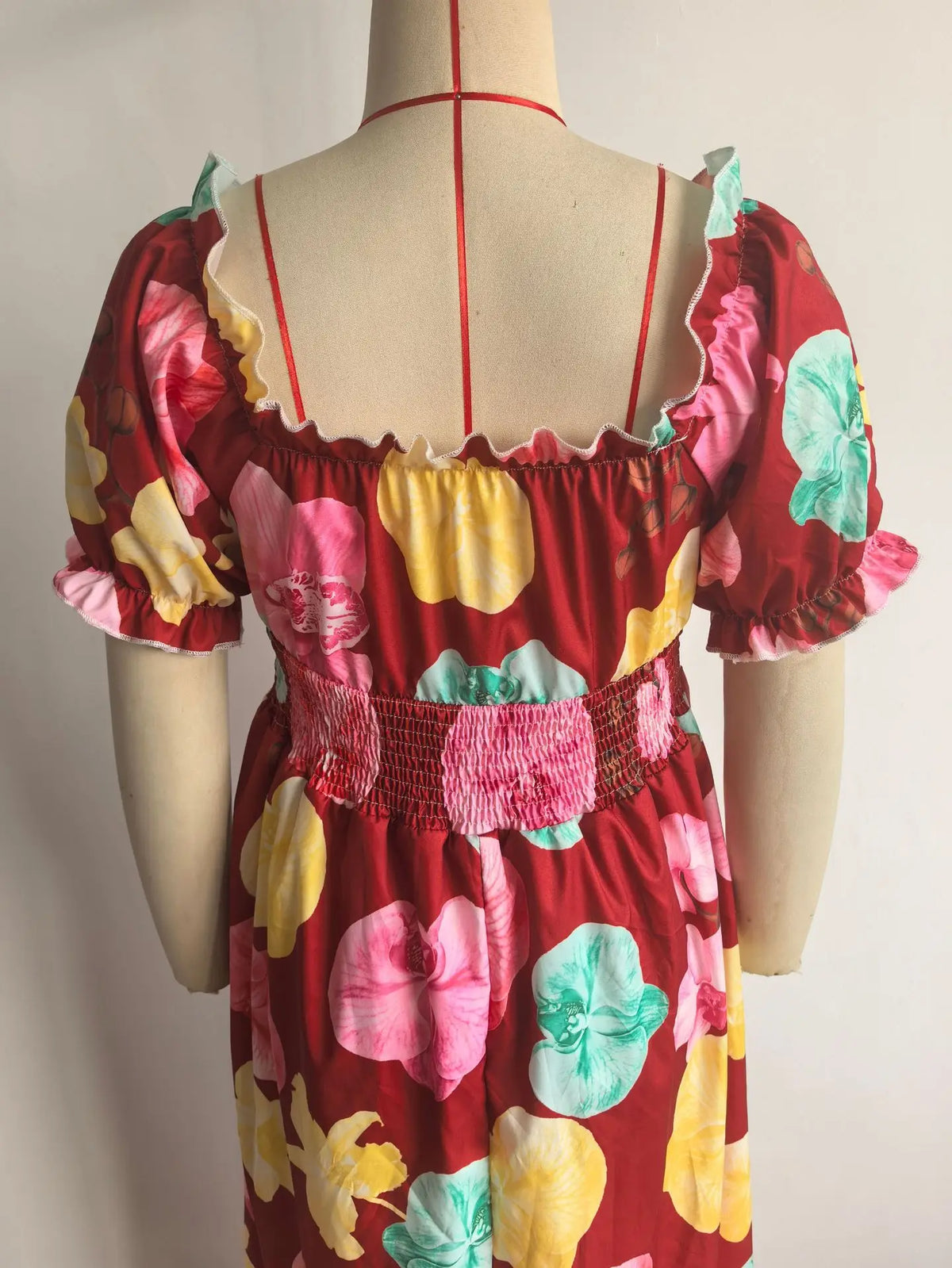 BKLD Women Clothing Summer Floral Print Dress Short Sleeve Square Collar Beach Holiday Outfits Waist Ruched Long Dresses Party