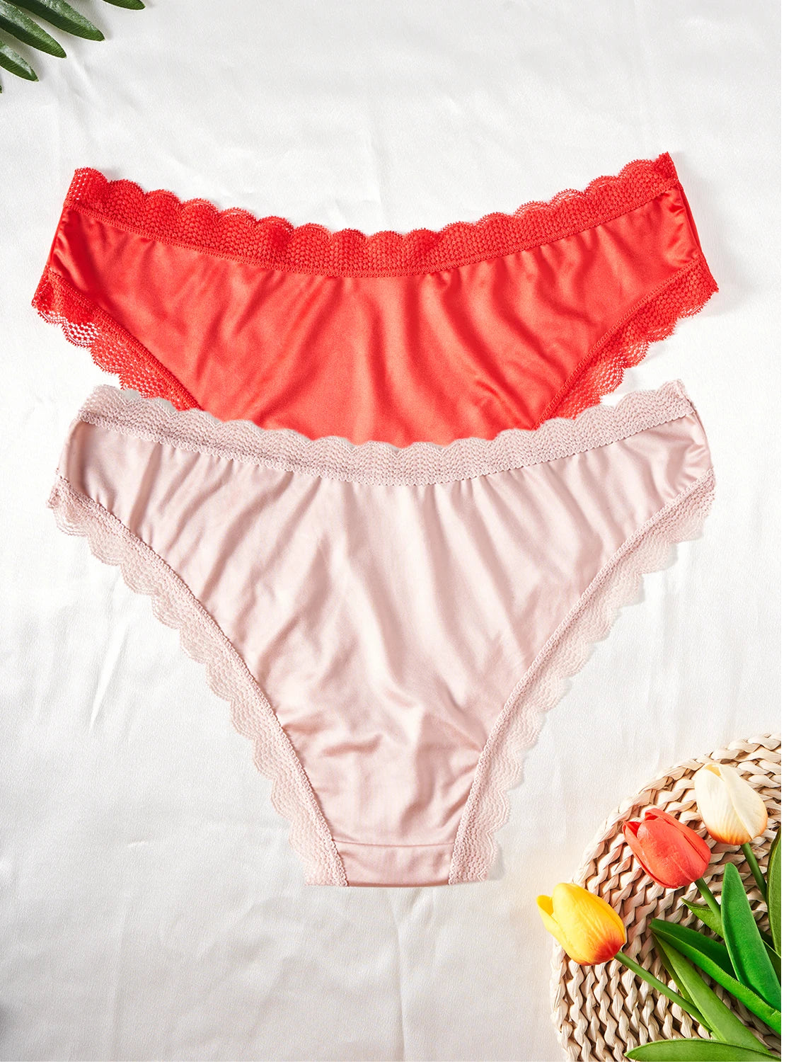 5PCS Women's Underwear Solid Color Seamless Satin Panties Simple Lace Trimmed Briefs Comfortable Female Lingerie Everyday