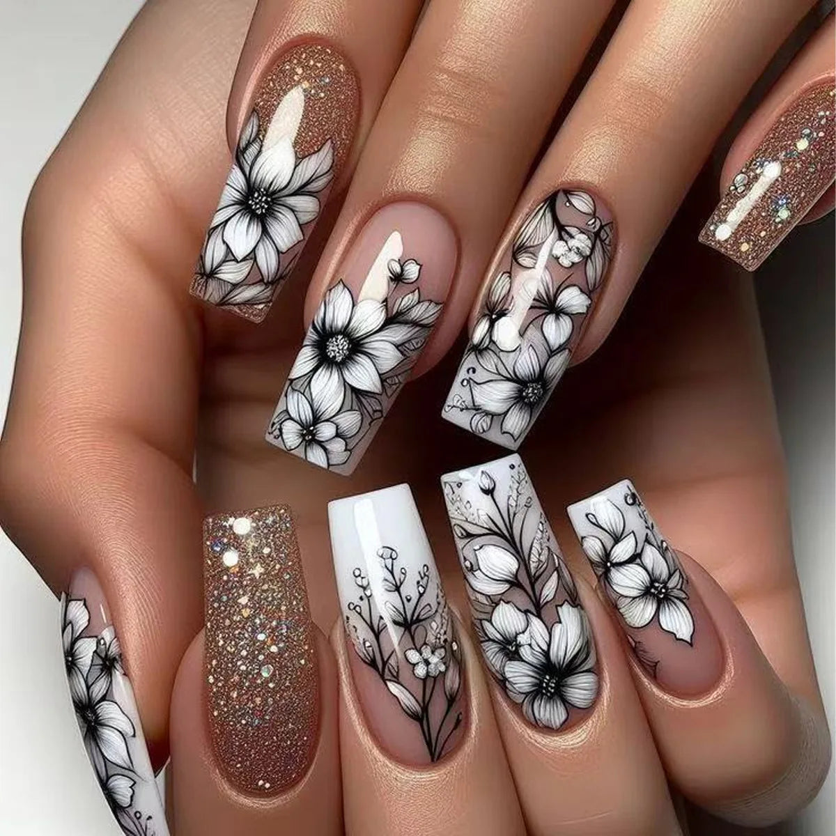 24Pcs Ladder-shaped Ballet False Nails with Glue Stripe Floral Nail Art Ombre French Press on Acrylic Nail Tips for Spice Girls