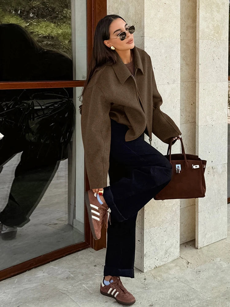 Elegant Women's Woolen Coat Zipper Long Sleeve Blazer Thick Warm Office Lady Tops 2026 Autumn Winter Fashion Short Streetwear