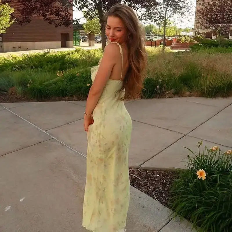 Elegant Summer Print Floral Dress Women V-neck Slim Ruffles Sleeveless Backless Long Dresses 2026 Beach Vacation Lady Vestidos
