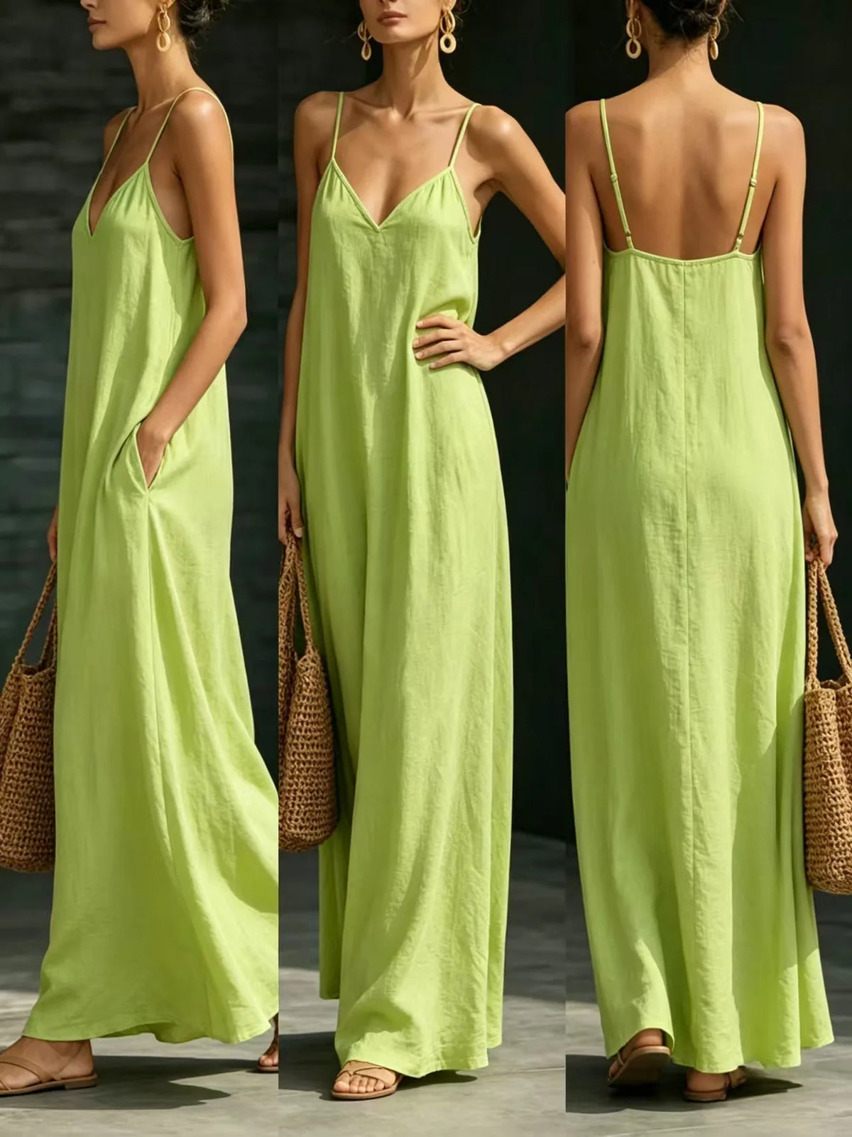 Women Linen Spaghetti Strap Maxi Dress V Neck Loose Swing Long Dress With Pockets Casual Summer Beach Vacation Sundress Ladies