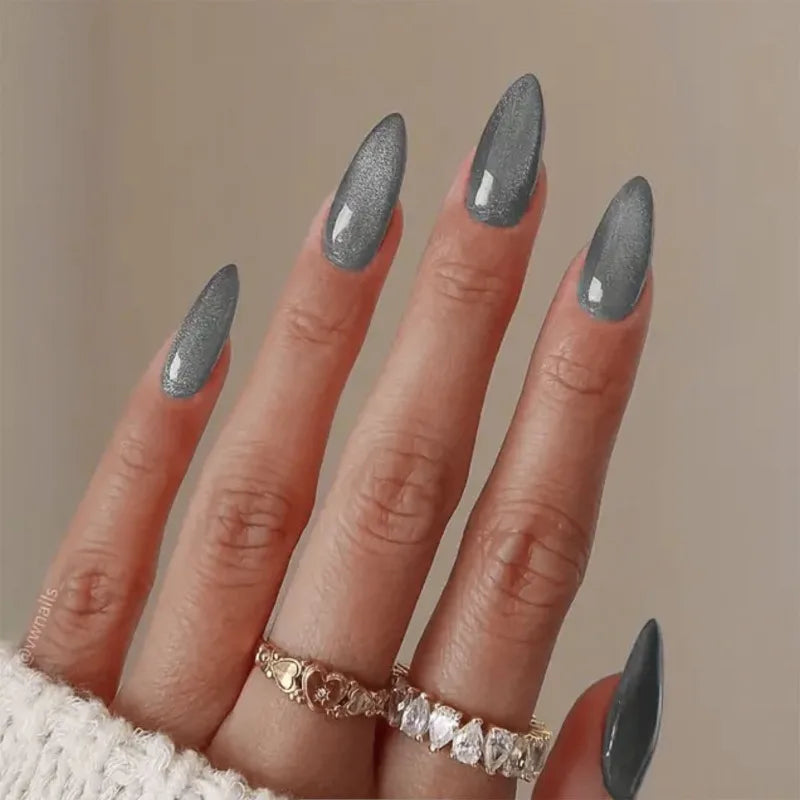 24pcs Fashion Medium False Nails with Glue Cat Eye Artificial Stick-on Nail Tips Almonds Acrylic Press on Nails for Gluing 2024
