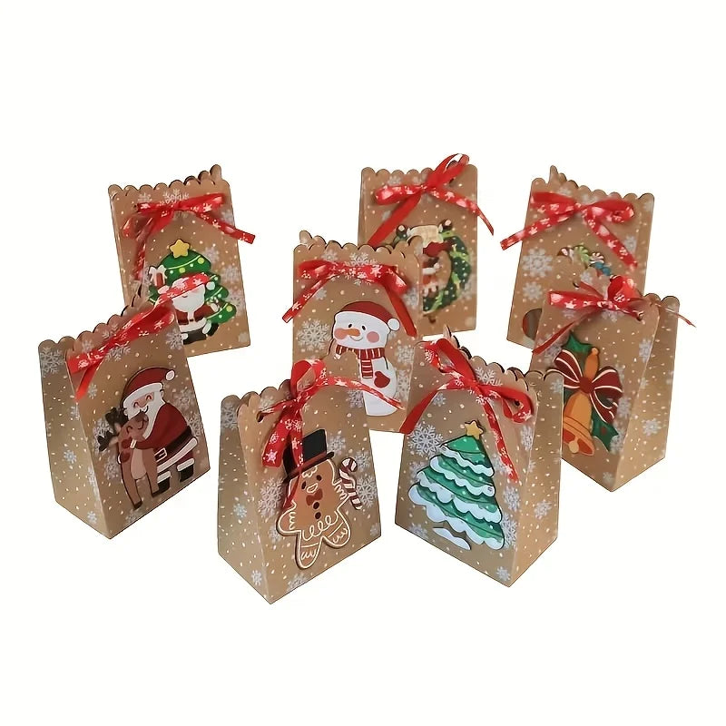 24pcs Christmas Paper Gift Bags with Banderole Candy Cookies Packaging Boxes Santa Claus Xmas Tree Home Party Decoration