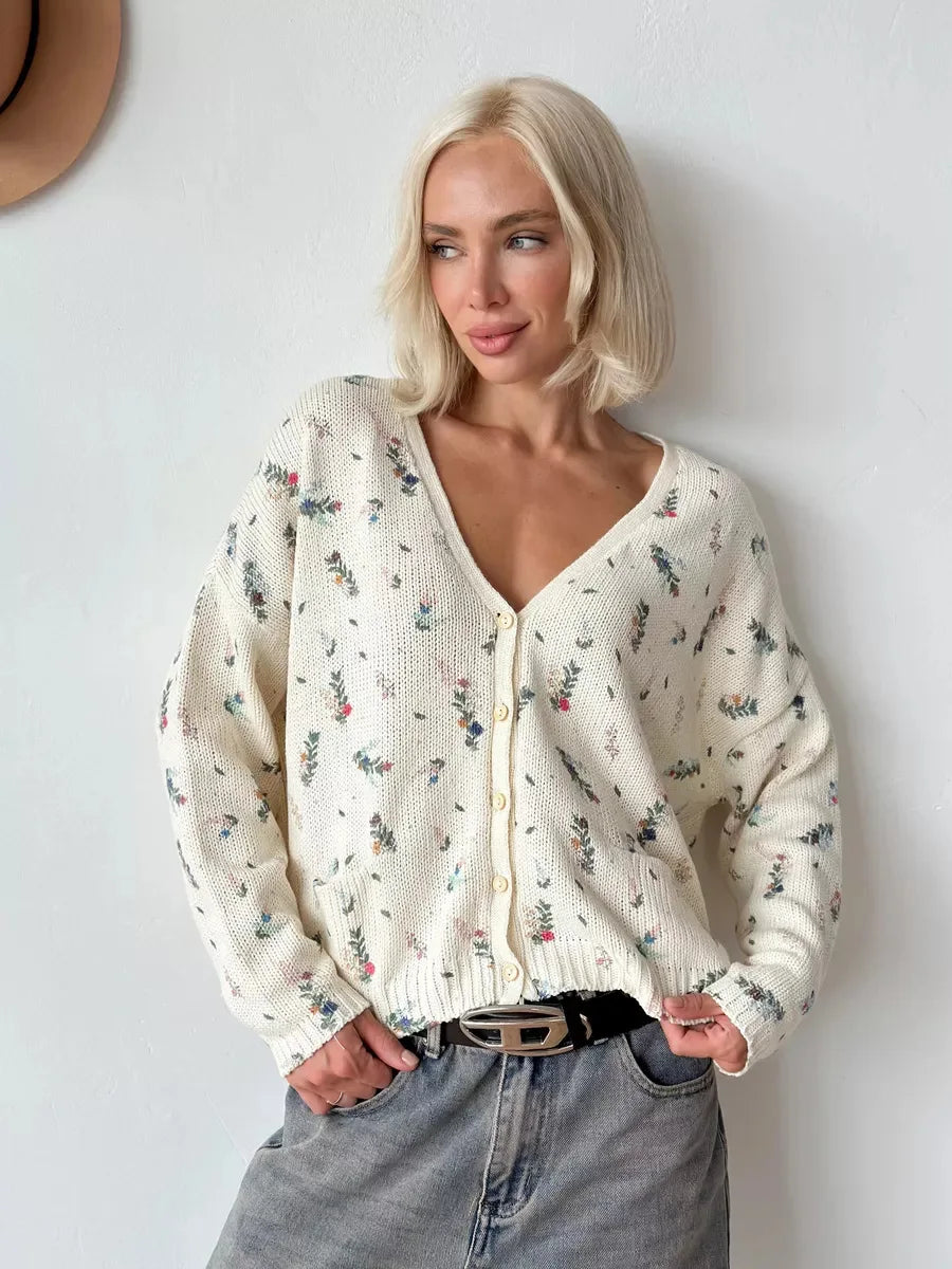 Womens' Elegant Knitted Print Cardigan Casual V Neck Floral Print Long Sleeve Coat Loose Front Sweater Autumn Winter Streetwear