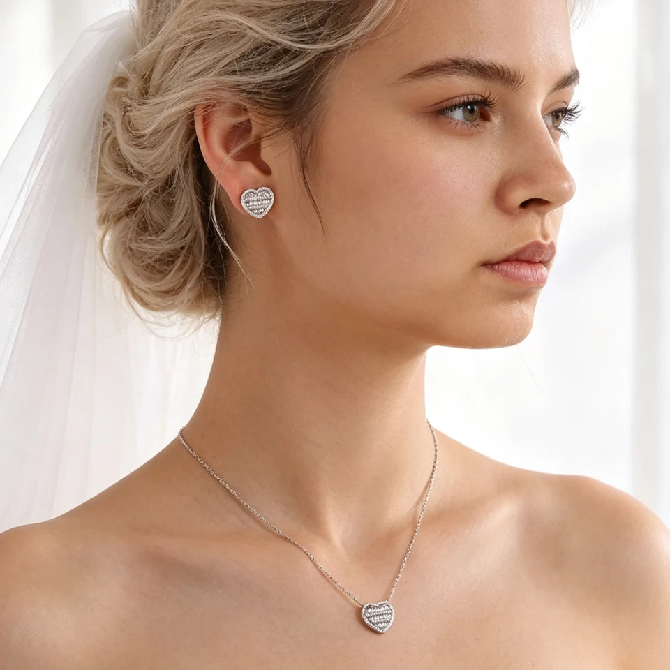 ZAKOL New Iced Out Zirconia Heart Necklace Earrings Set for Women Bling Cubic Zirconia Luxury Wedding Party Jewelry Gift