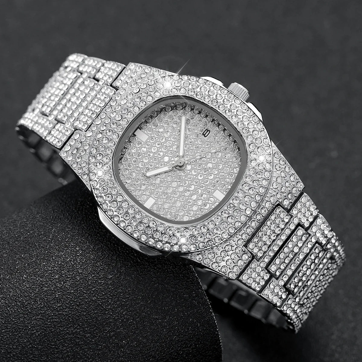 3PCS Iced Out Full Diamond Men Watch Cuban Chain Necklace Bracelet Set Hip Hop Quartz Wristwatch Accessories Relogio Masculino