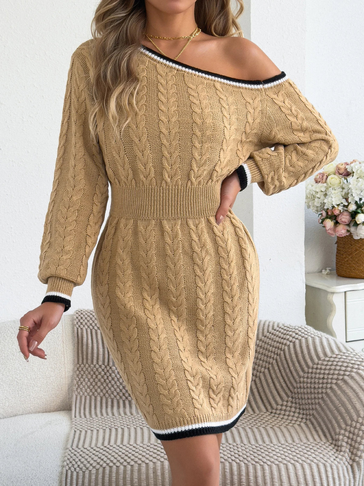 Elegant Women Sweater Dresses for Autumn Winter Casual Off Shoulder Long Sleeve Stripe Waist Cinching Twist Knit Bodycon Dress