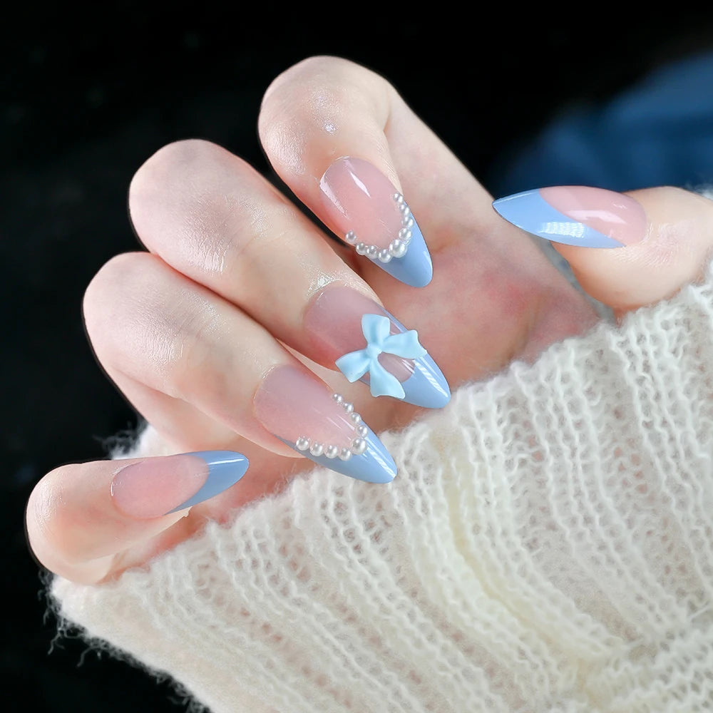24Pcs Blue Almond Wearable Press on Nails 3D Pearl Bow Full Cover Fake Nails Tips with Bowknot Design French False Nails