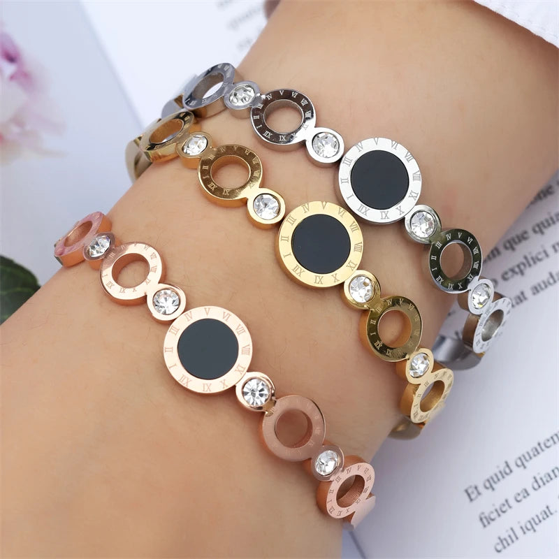 ZAKOL Fashion Black Shell Roman Numeral Titanium Steel Bangle Hollow Circle Button Bracelet Jewelry Gifts for Women