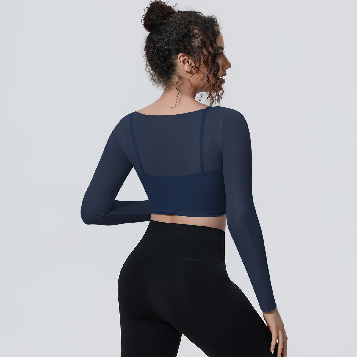 Woman Sports Yoga Long Sleeves Workout Top Solid Color False Two-piece Mesh Running Shirts with Chest Pad Summer Long Sleeves