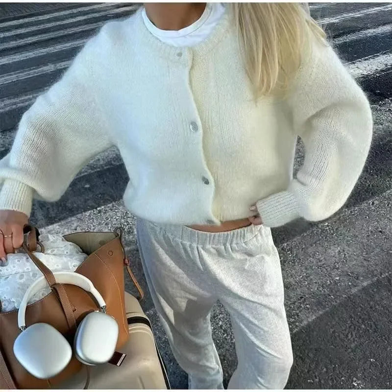 Women Mohair Knit Cardigan O Neck Elegant Lantern Long Sleeve Oversized Loose Fluffy Sweater Coat Autumn Winter Casual Knitwear