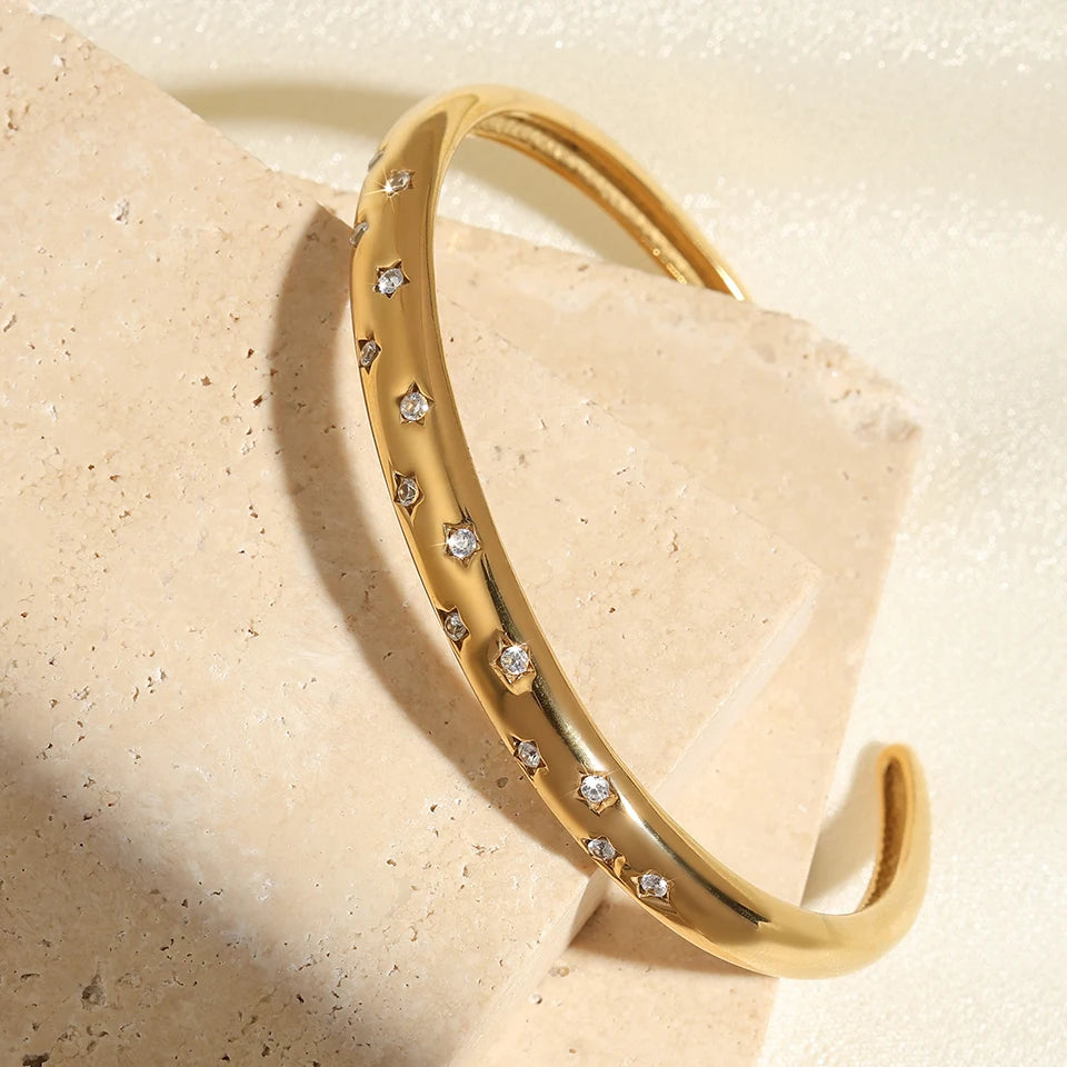 ZAKOL Trendy Stainless Steel Five-pointed Star Zircon Inlaid Open Bracelet Versatile Non Fading Cuff Bangles Jewelry Gift
