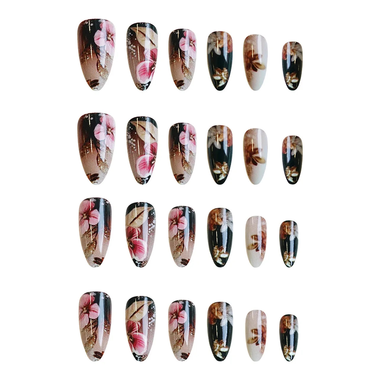 24pcs/set Medium long fake nails yellow dragon flowers feather design for Spring summer Square almond tips press on false nail
