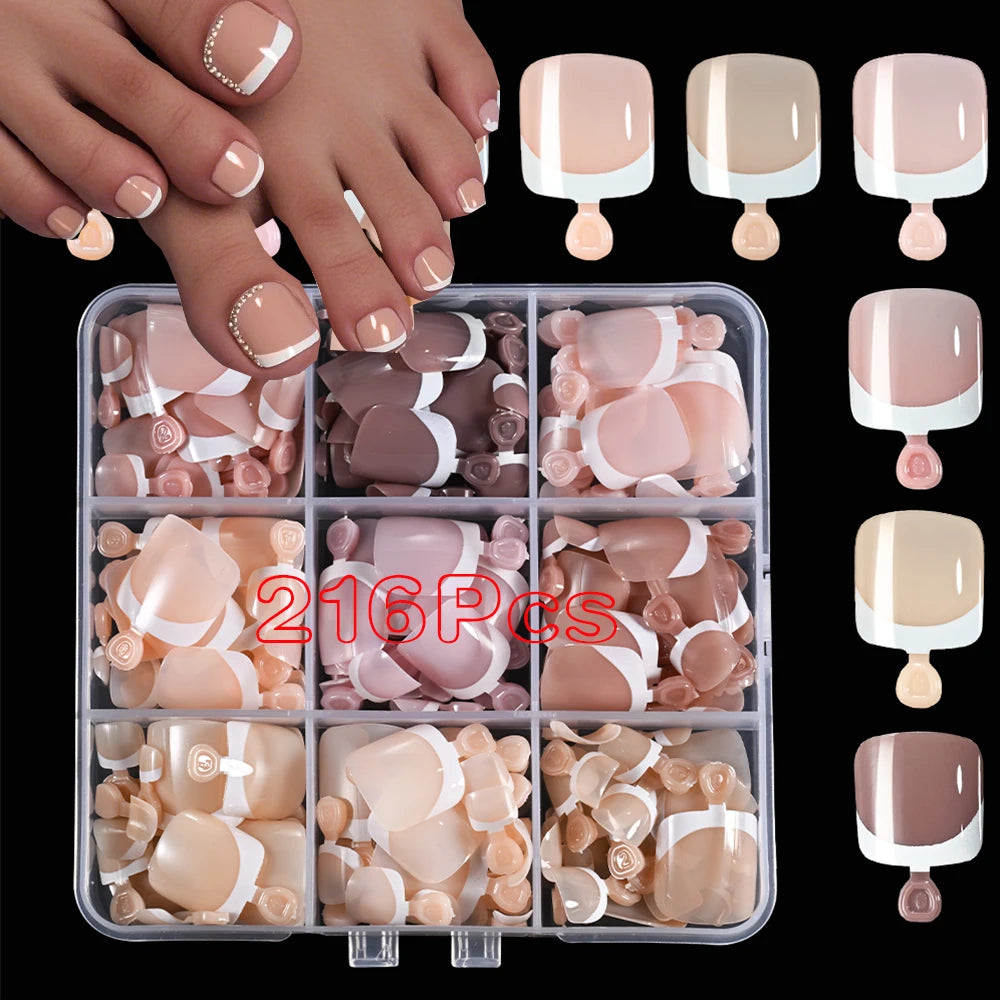 120Pcs Acrylic False Toes Nails French Short Square Pink/Nude/Brown Full Cover Fake Toenails Summer Artificial Press on Toenails