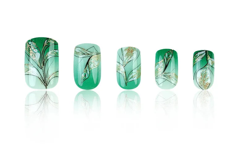 24pcs Short Square Press on Nails Jade Flower Sparkling Powder Designs Fake Nails with Glue Green Gradient Full Cover Nail Tips