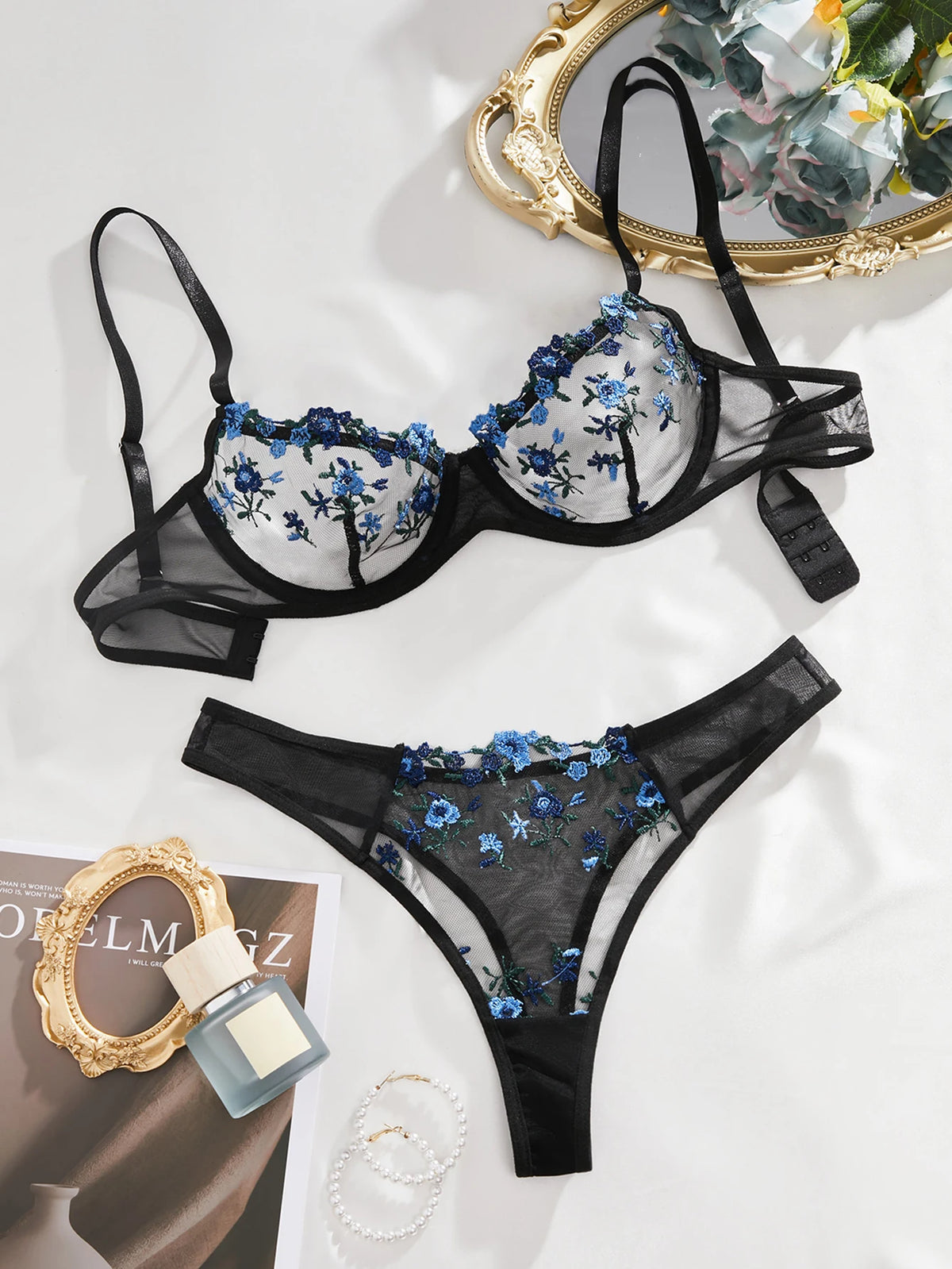 Black and Blue Floral Embroidery Bra Set Women's Half Cup Underwear Thin Breathable Thong 2-Piece Set Valentine's Day Gift