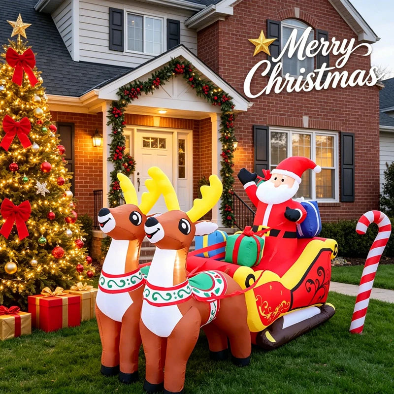 210CM Inflatable Toy Santa Sleigh Reindeer LED Lit Xmas Yard Party Decoration Christmas Home Supplies Ornament Festive Gift