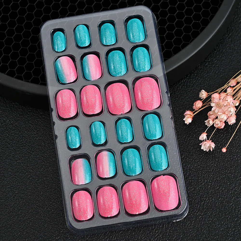 24Pcs/Box Cartoon Heart Bow Rainbow Design Kid Fake Nails Tips Cute False Nail Girls Press on Nails Full Cover Short Fingernails