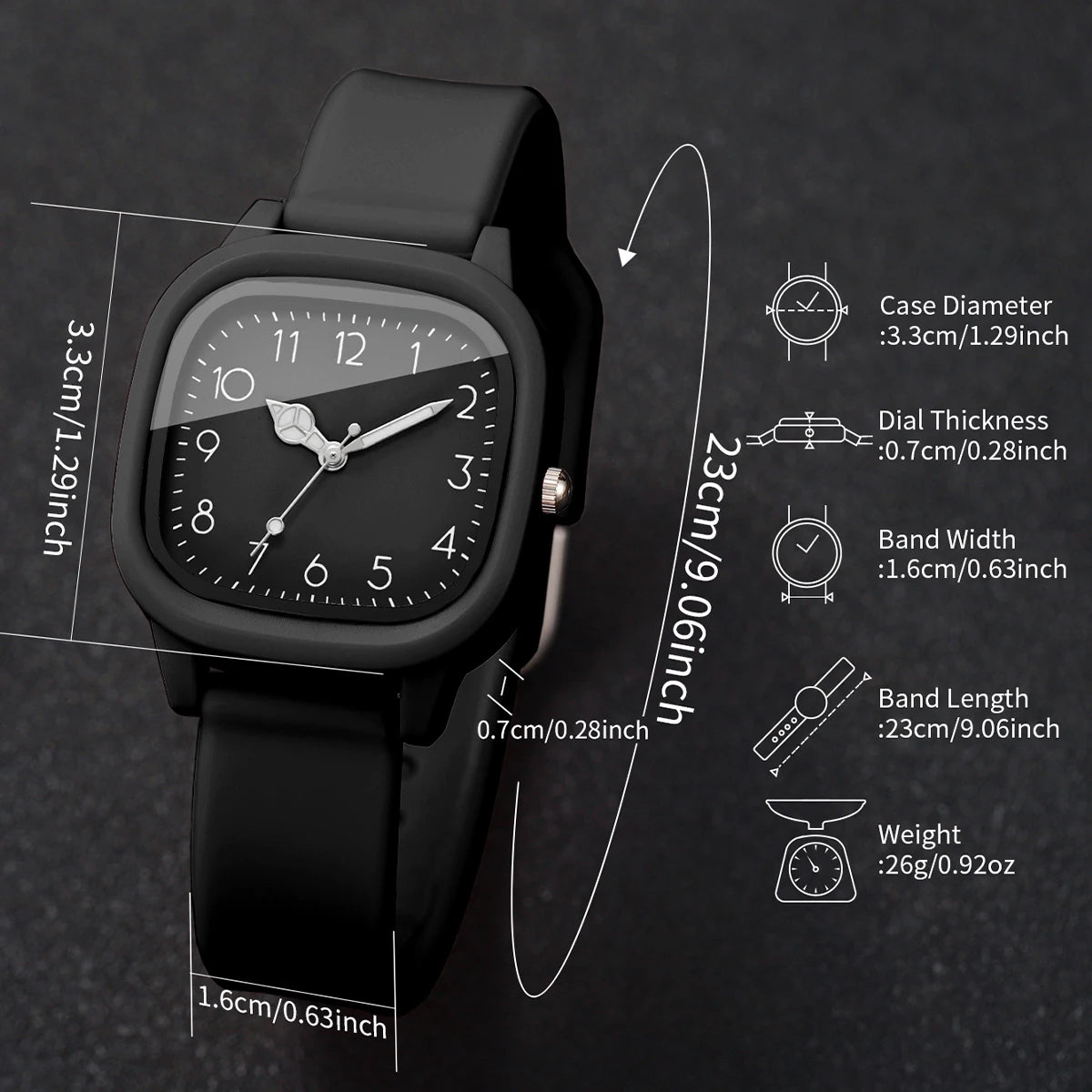 2PCS Fashion Women Watch Heart‑shaped Bracelet Set Square Black Dial Silicone Strap Wristwatch Relogio Feminino (Without Box)