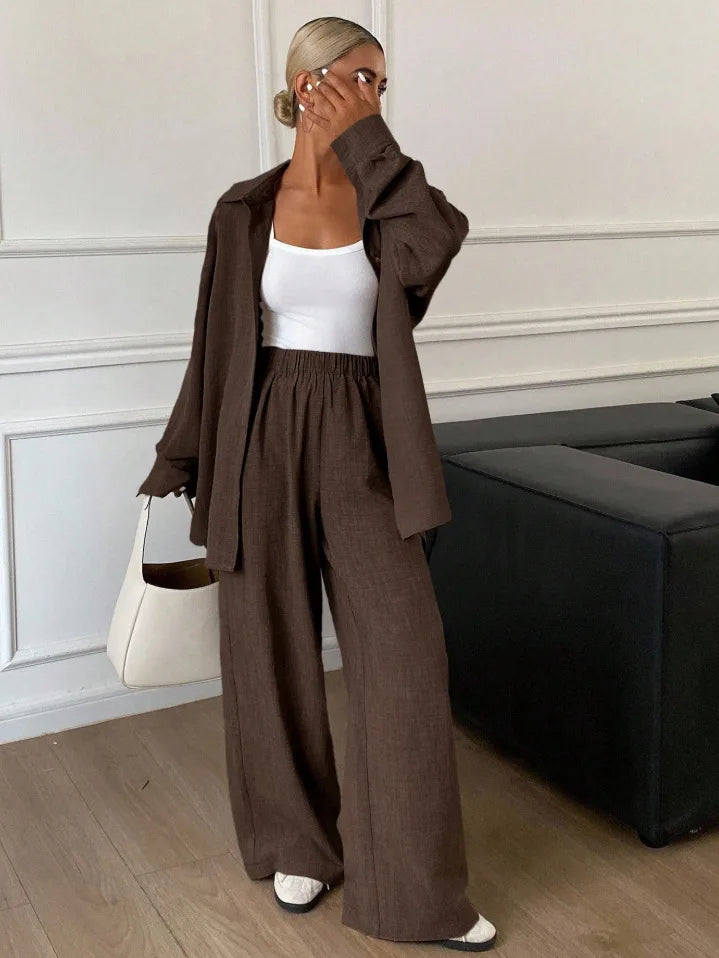 2026 New Women Linen Two Piece Outfit Set Lapel Long Sleeve Button Shirts Elastic Waist Wide Leg Pants Casual Loose Home Suit