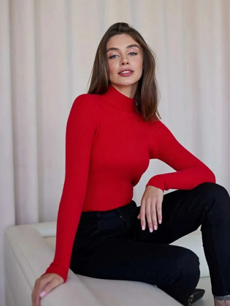Women's Elegant Knitted Pullover Sweater Vintage Half High Neck Solid Tops Casual Slim Fit Sweaters Autumn Winter Basic Knitwear