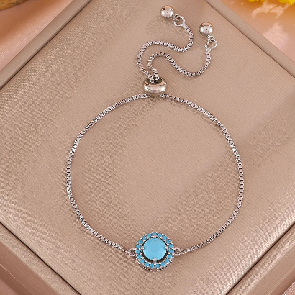 ZAKOL Simple Elegant Blue Turquoise Round CZ Adjustable Chain Bracelet Cute Daily Accessories for Women Girls