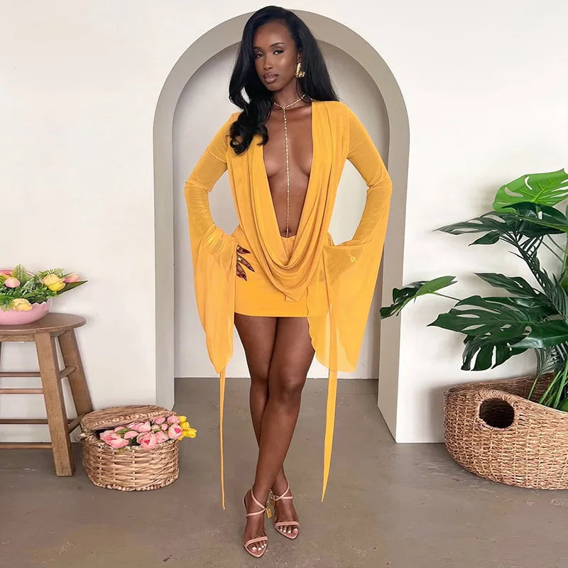 BKLD Solid Color 2026 New Women's Clothing Mesh Swinging Collar Long Sleeve Open Back A-line Short Dresses Party Clubwear