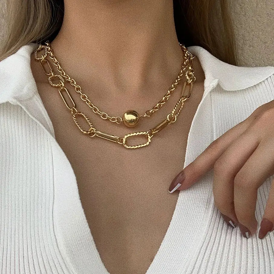 Flashbuy Chunky Multilayer Alloy Gold Color Chain Ball Pendant Necklaces for Women Statement Daily Fashion Jewelry