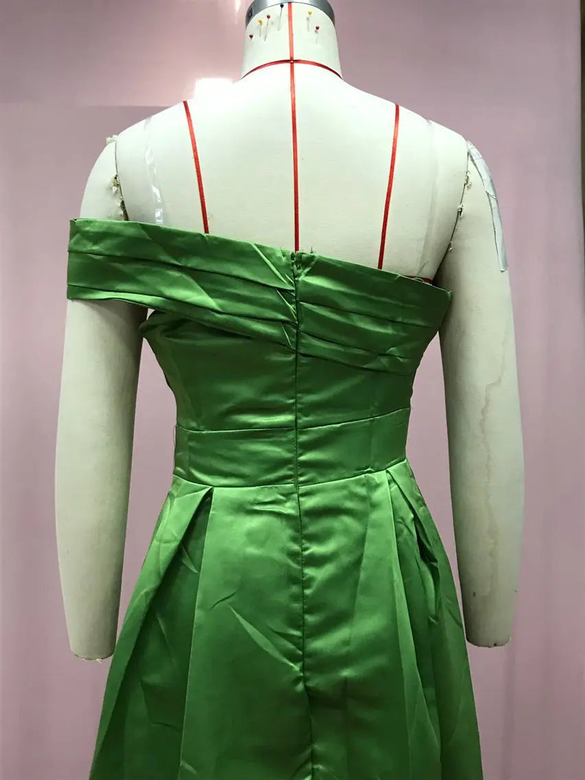 BKLD Solid Color Fashion One Shoulder Satin Dress Birthday Party Fluffy Dress 2026 Autumn Women Clothing Green Split Sexy Dress