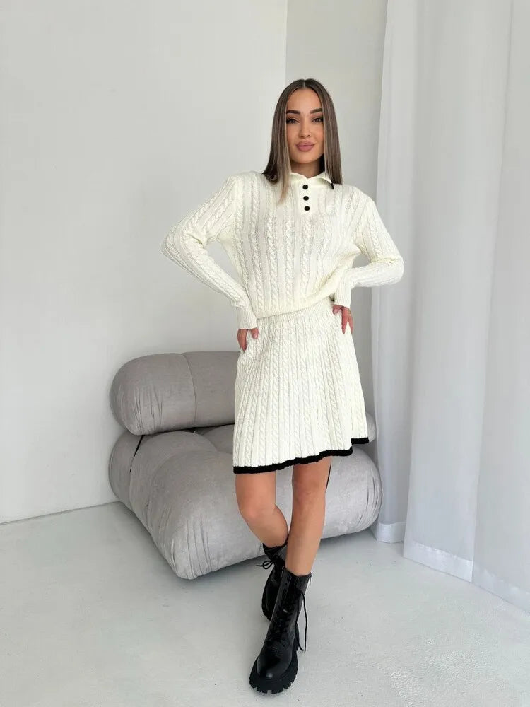 BKLD 2026 New Casual Skirt Sets Long Sleeve Tops Knitted Button Sweater And Mini Skirts Two Piece Sets Clothes For Women