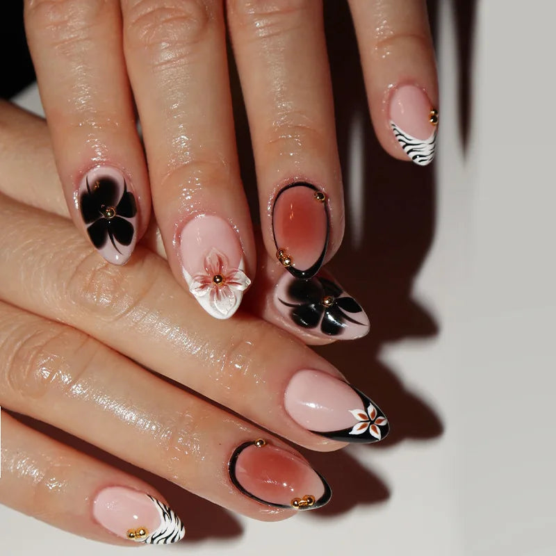 24Pcs Autumn Winter Matte Almond False Nails with Glue Rose Leaf Printing Nail Art Simple Full Cover Press on Acrylic Nails Tips