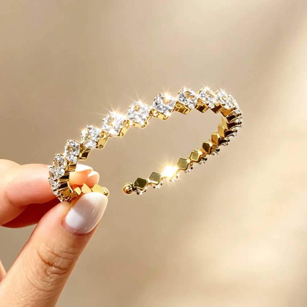 ZAKOL 4pcs Golden Bracelets Set Geometric Square Crystal Zirconia Inlaid Copper Stainless Steel Stackable Bangles Luxury Jewelry