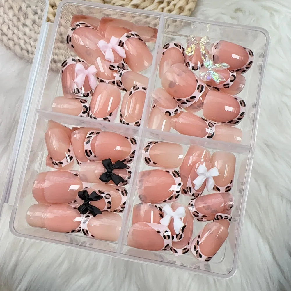 96pcs Gradient Long Almond Full Cover Fake Nails Tips with Bow Heart Plaid Design Blush Stiletto False Nails Women Press on Nail