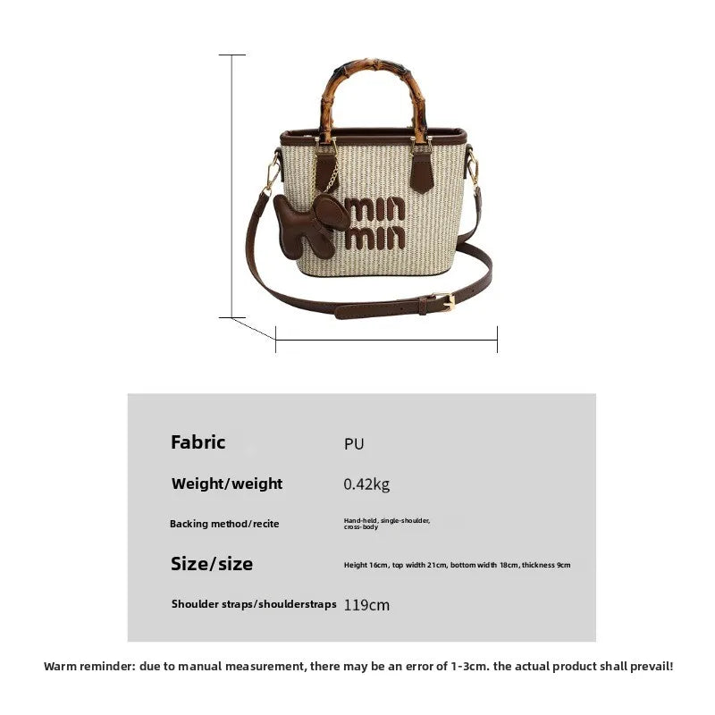 2025 New Spring Fashion Contrasting Straw Bamboo Joints Basket Bag Bucket Bag Hand-held Shoulder Diagonal Bag