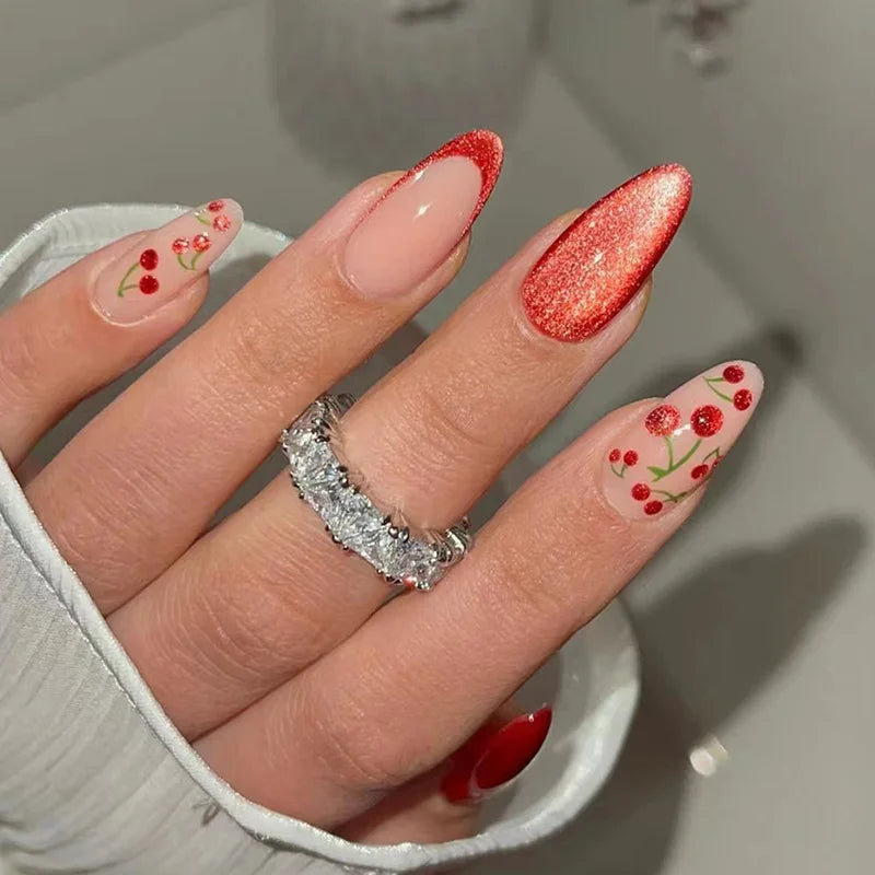 24Pcs Purple Flower Stiletto Round Head Press on Nails False Nails Almond Fake Nails French Wearable Full Cover Nail Tips