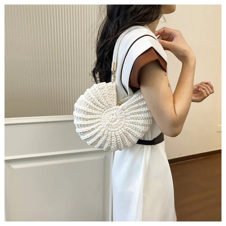 Handcrafted Shell Shaped Crossbody Bag Women's Beach Style Handbag City Simple Cotton Liner Soft round Shape Double Shoulder ...