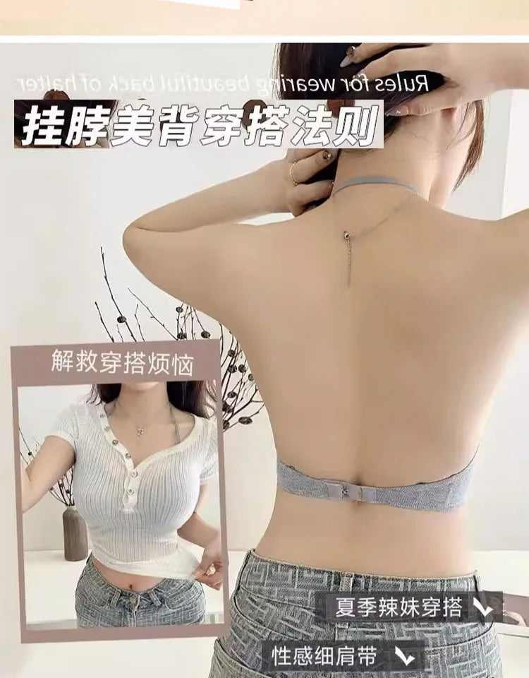 セクシー Bralette Small Chest Gathering Seamless Thin Straps Backless Wirefree Comfort Fixed Cup Lingerie Invisible Support Women US