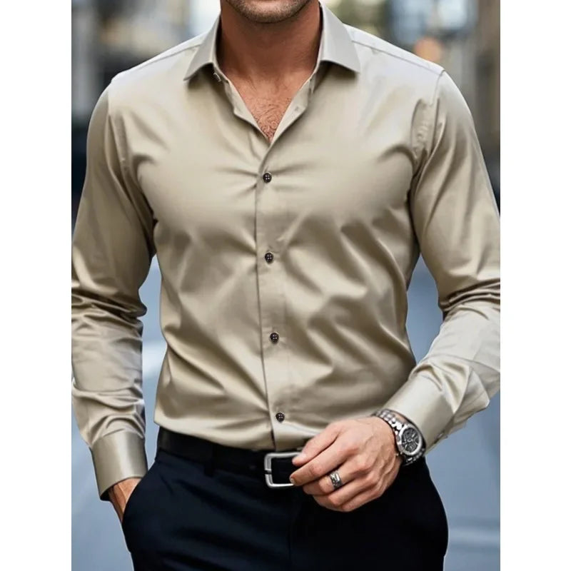 2025 Men's Shirt Brand New Solid Color Long Sleeve Smart Casual Four Season Elastic Male Business Shirts